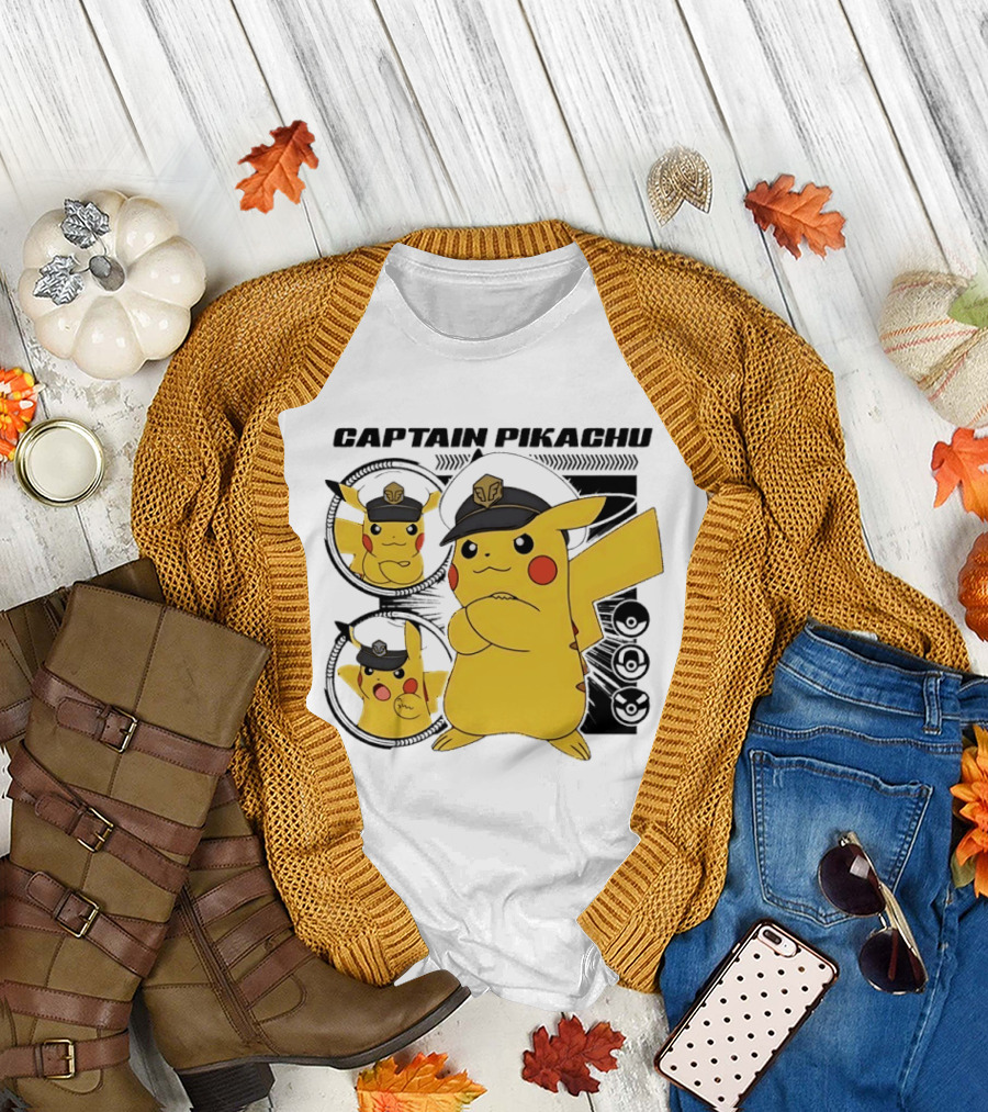 Captain Pikachu Cartoon Character with Hat and Expressions T-Shirt