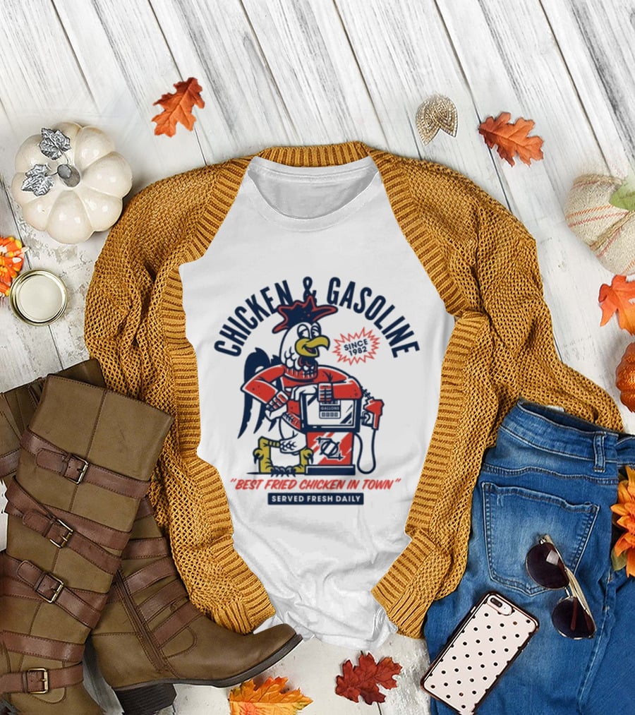 Chicken And Gasoline Best Fried Chicken In Town Since 1982 Retro Style Cartoon Rooster Pumping Gas T-Shirt