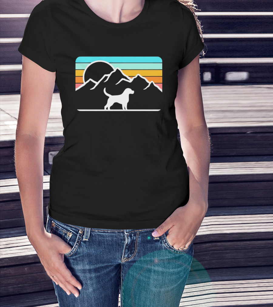 Dog With Mountain Retro Sunset T-Shirt