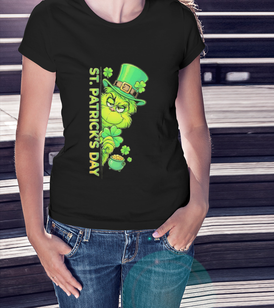 St. Patrick's Day Grinch With Leprechaun Hat And Gold Pot T-Shirt