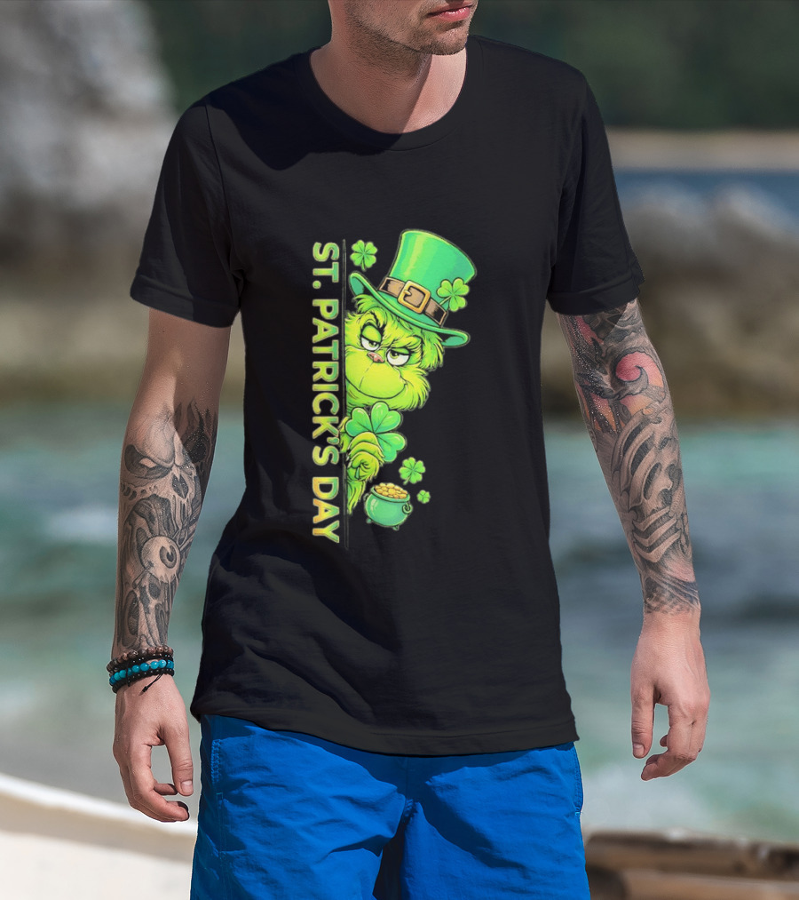 St. Patrick's Day Grinch With Leprechaun Hat And Gold Pot T-Shirt