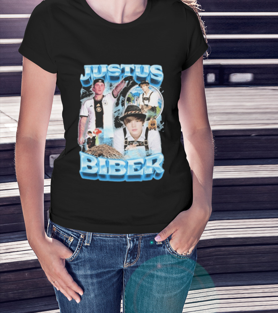 Justus Biber Justin Bieber Bavarian Inspired Collage Football Lederhosen T-Shirt