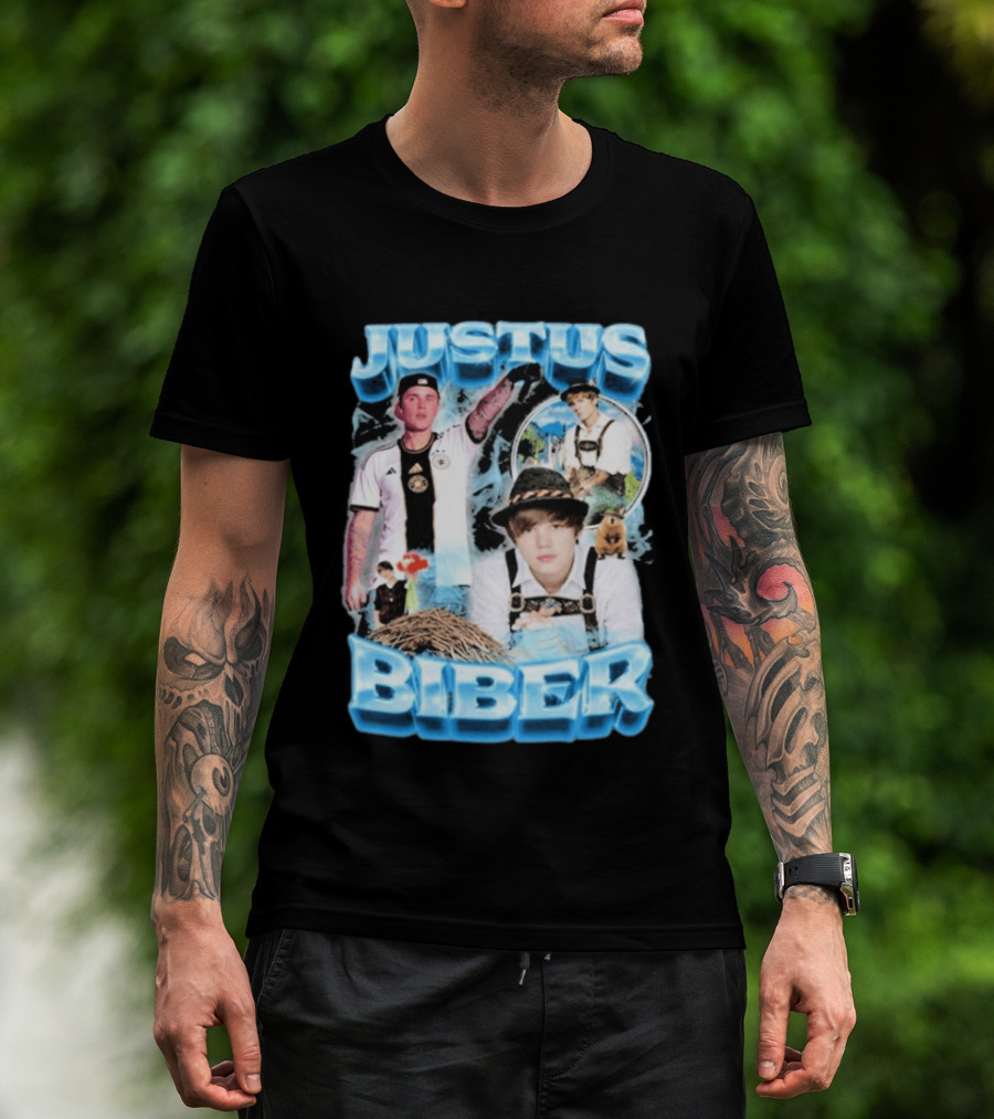 Justus Biber Justin Bieber Bavarian Inspired Collage Football Lederhosen T-Shirt