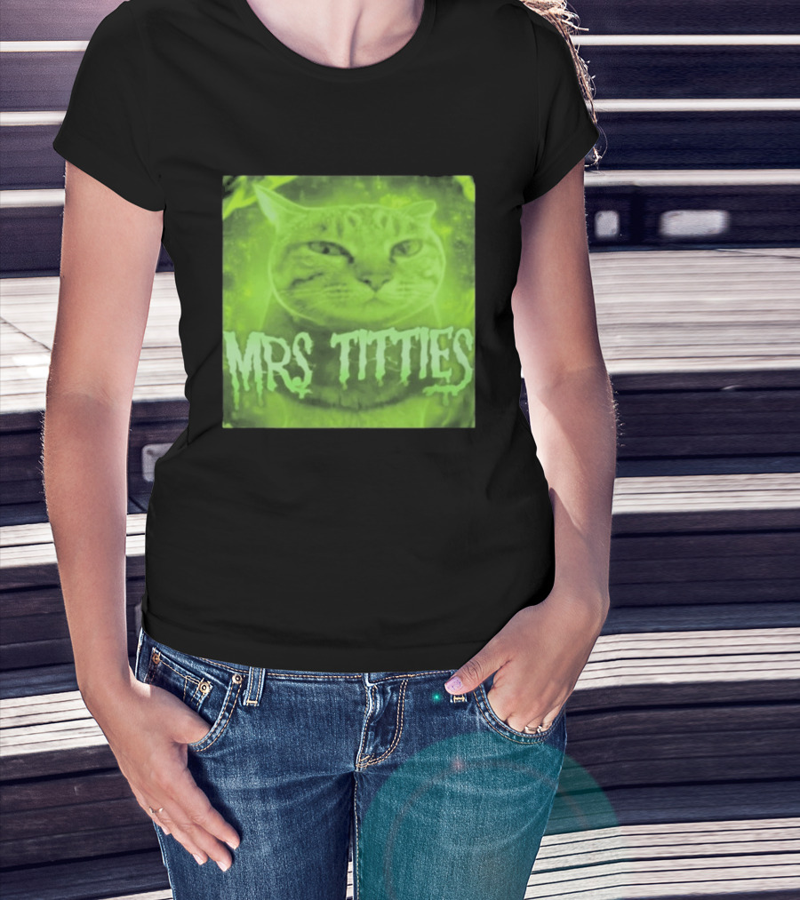 Mrs Titties Cat Glowing Neon Green Feline T-Shirt