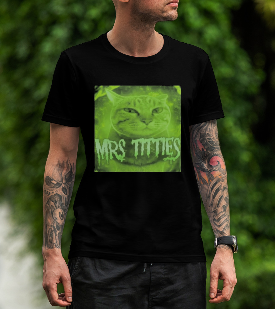 Mrs Titties Cat Glowing Neon Green Feline T-Shirt