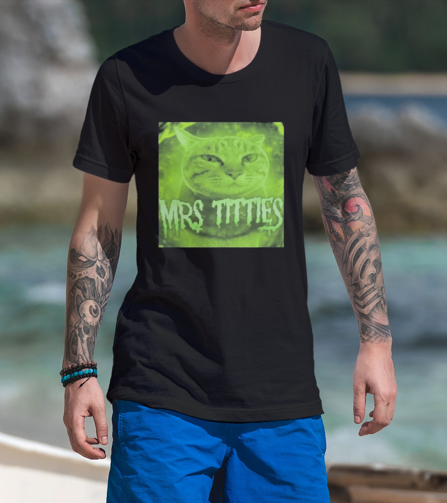 Mrs Titties Cat Glowing Neon Green Feline T-Shirt