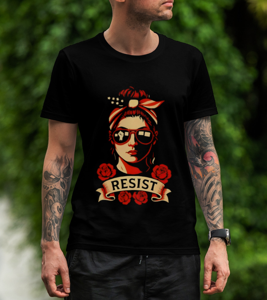 Patriotic Woman Resist American Flag Bandana And Glasses With Roses T-Shirt