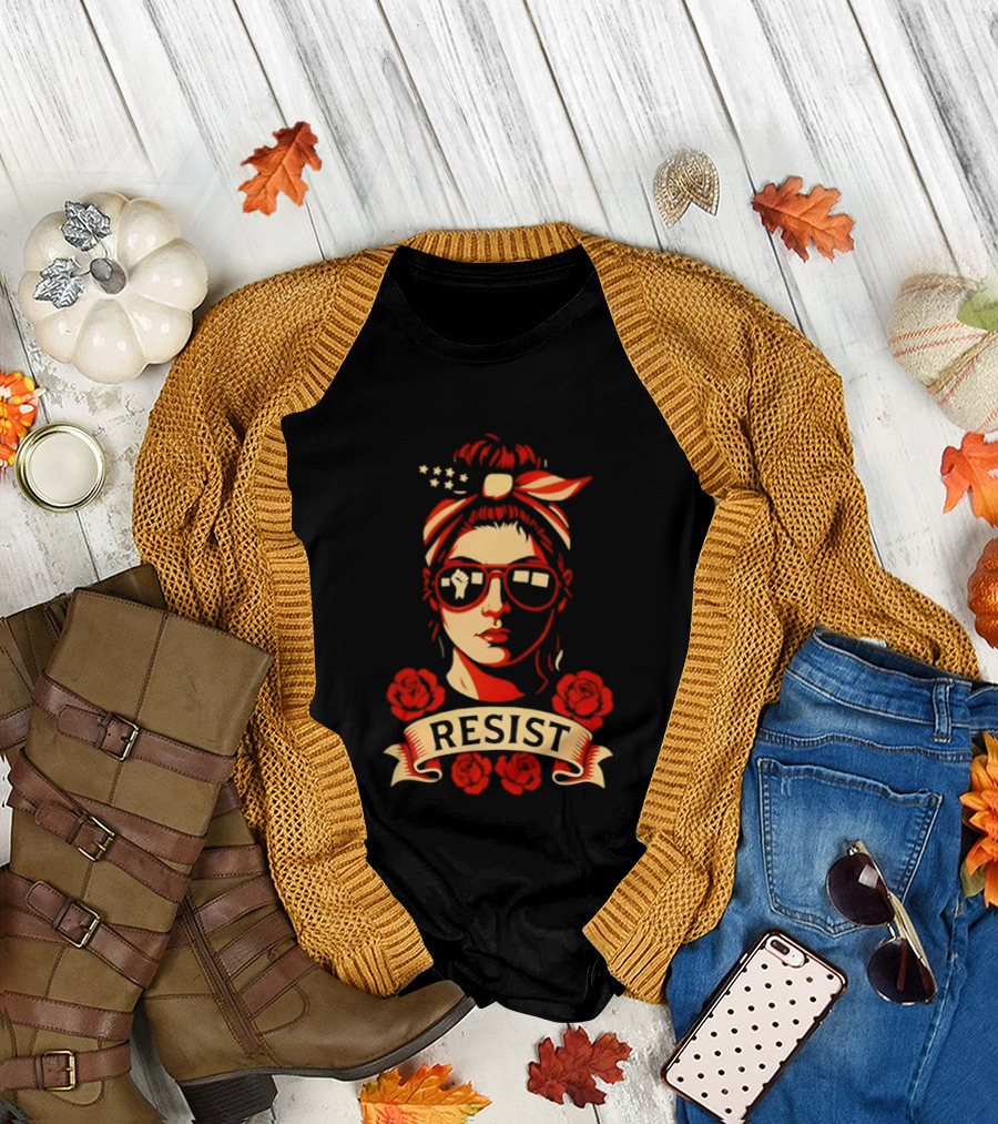 Patriotic Woman Resist American Flag Bandana and Glasses with Roses T-Shirt