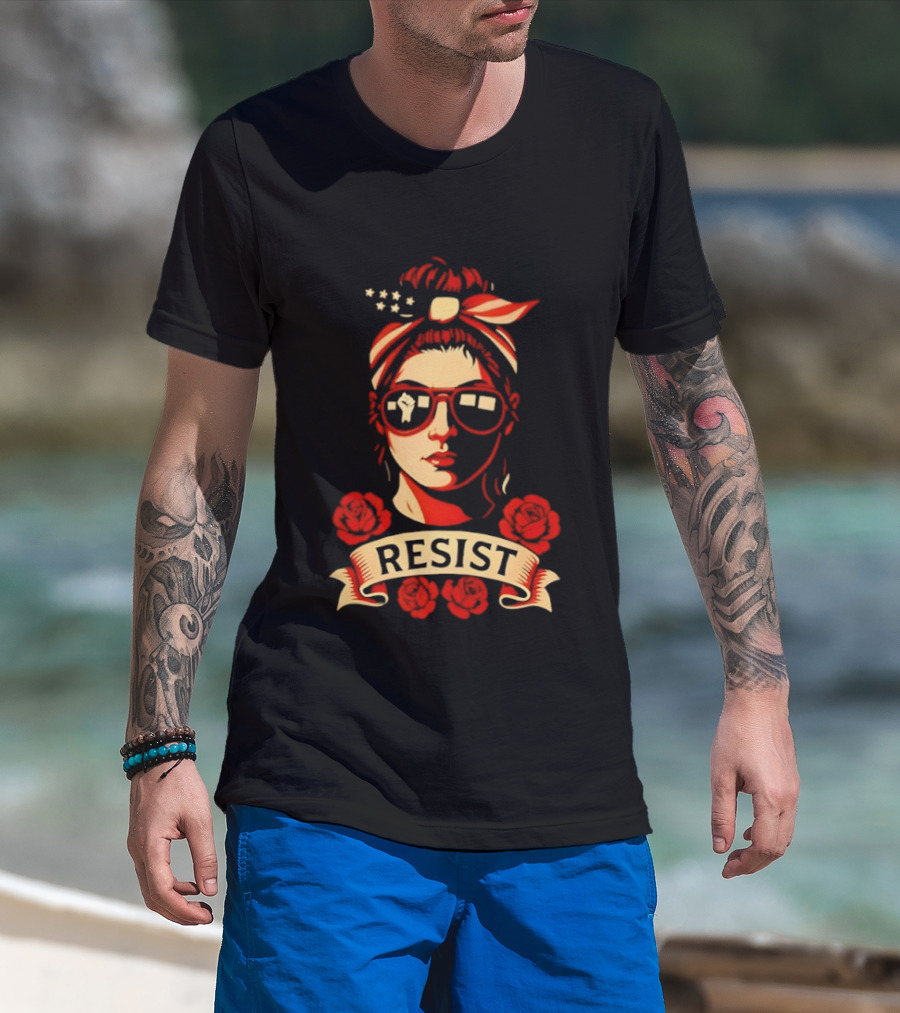 Patriotic Woman Resist American Flag Bandana And Glasses With Roses T-Shirt