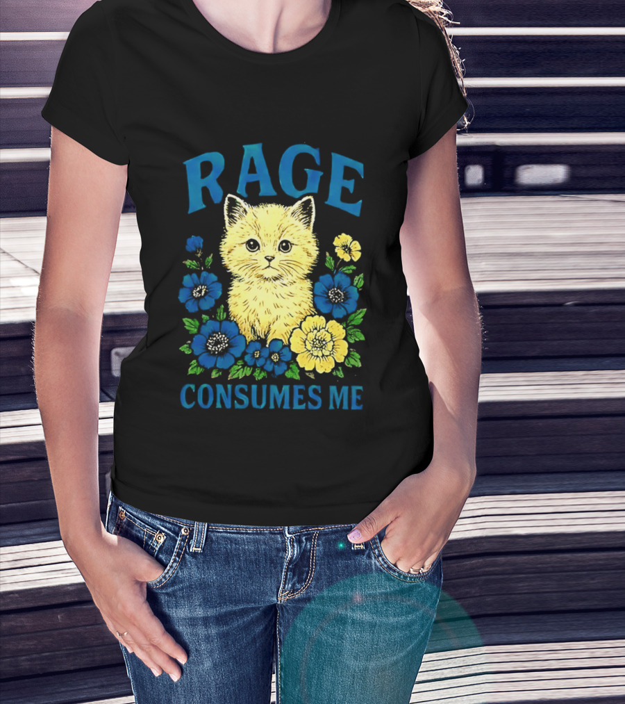 Rage Consumes Me Cat Surrounded By Blue And Yellow Flowers T-Shirt