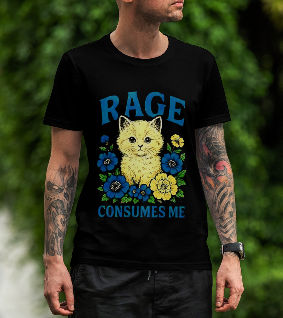 Rage Consumes Me Cat Surrounded By Blue And Yellow Flowers T-Shirt