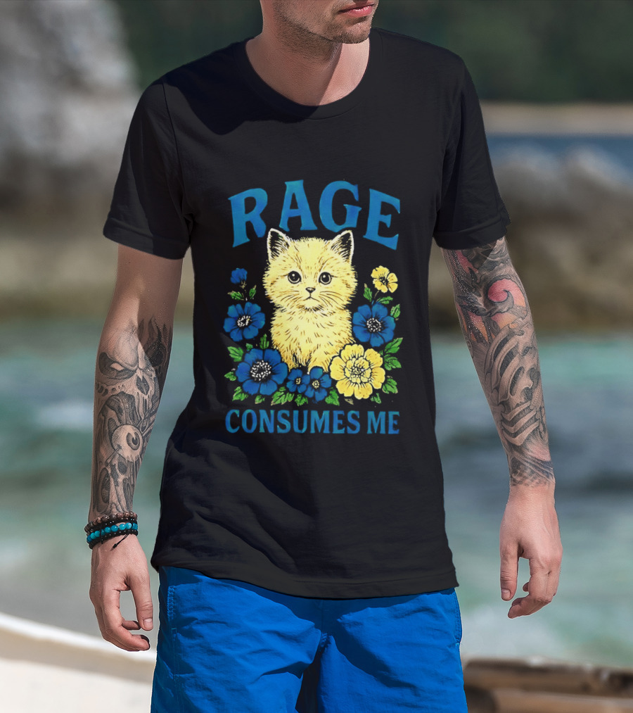 Rage Consumes Me Cat Surrounded By Blue And Yellow Flowers T-Shirt