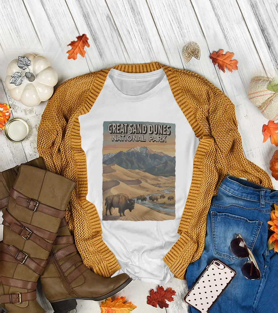 Great Sand Dunes National Park with Buffalo and Mountains Scene T-Shirt