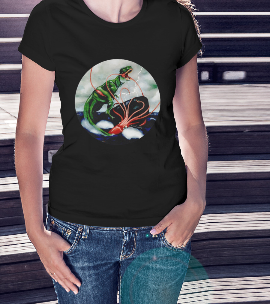 Dinosaur And Giant Squid Battle On Stormy Sea T-Shirt