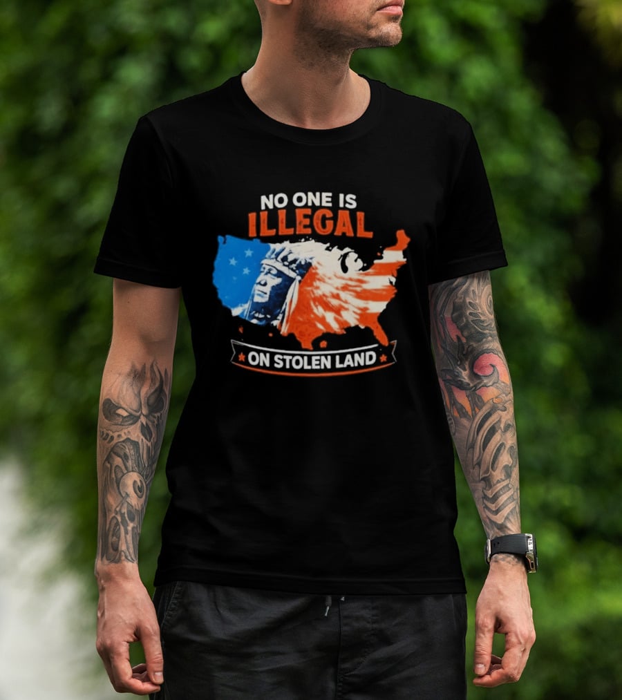 No One Is Illegal On Stolen Land USA Map Native American Headdress T-Shirt