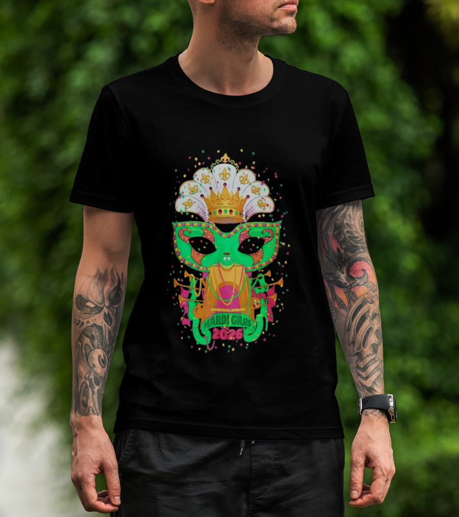 Universal Studios Mardi Gras 2026 Festive Mask And Crown Celebration T-Shirt