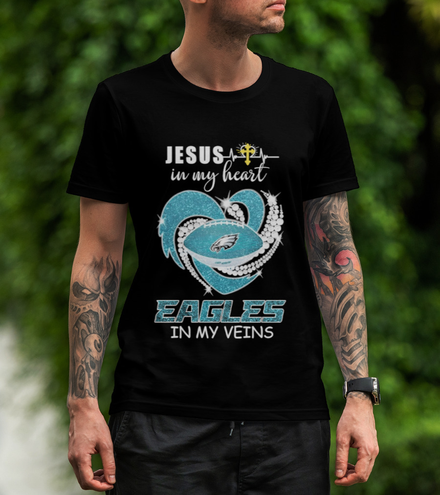 Jesus In My Heart Eagles In My Veins Diamond Heart Shape Football T-Shirt