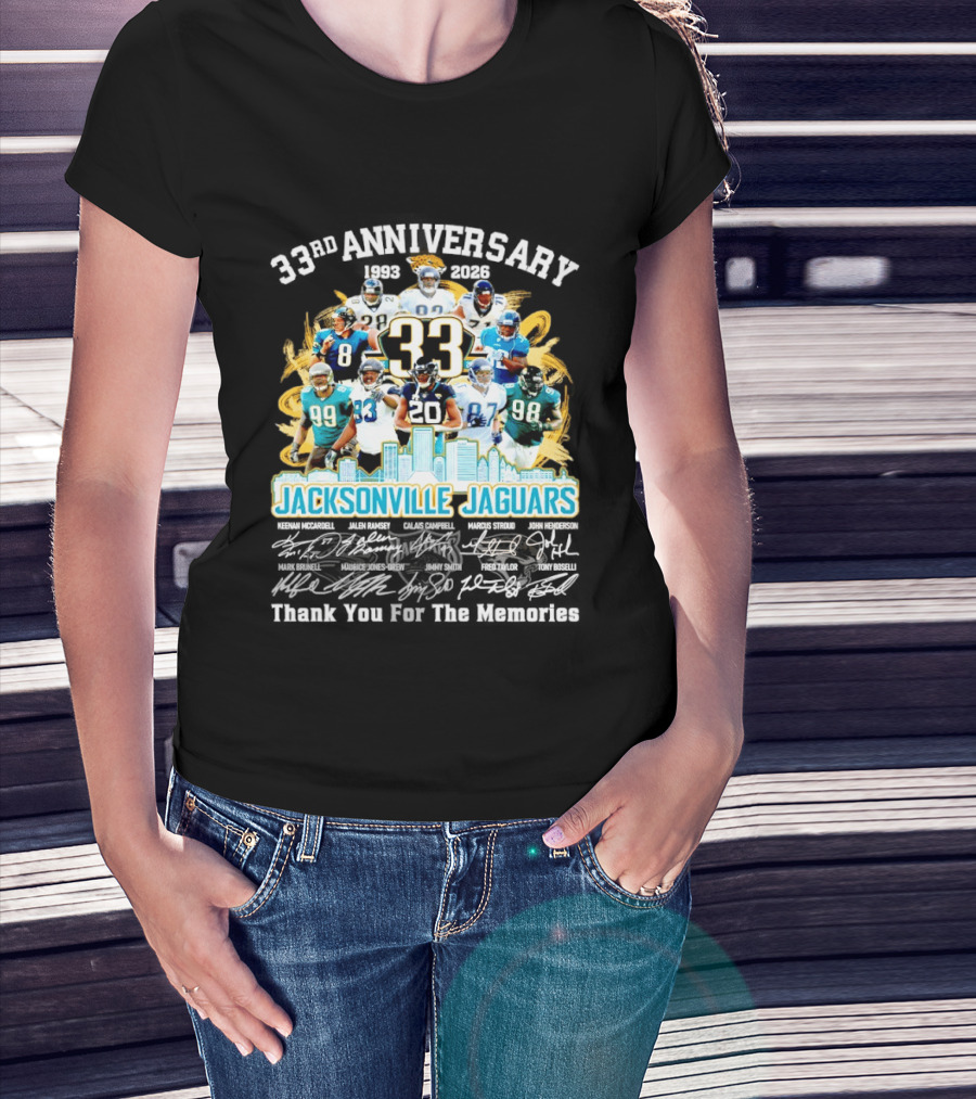 Jacksonville Jaguars 33rd Anniversary Players Collage City Skyline T-Shirt