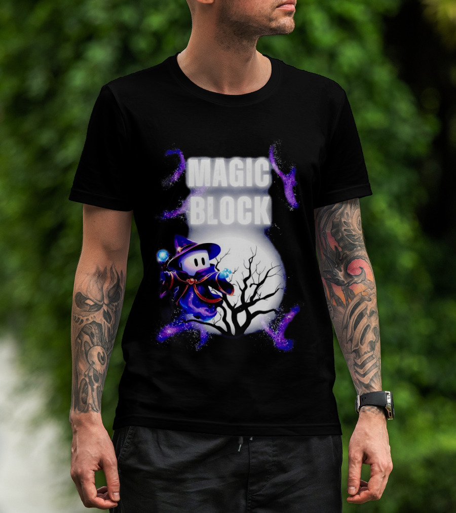 Magic Block Wizard With Glowing Orbs And Mystical Tree T-Shirt
