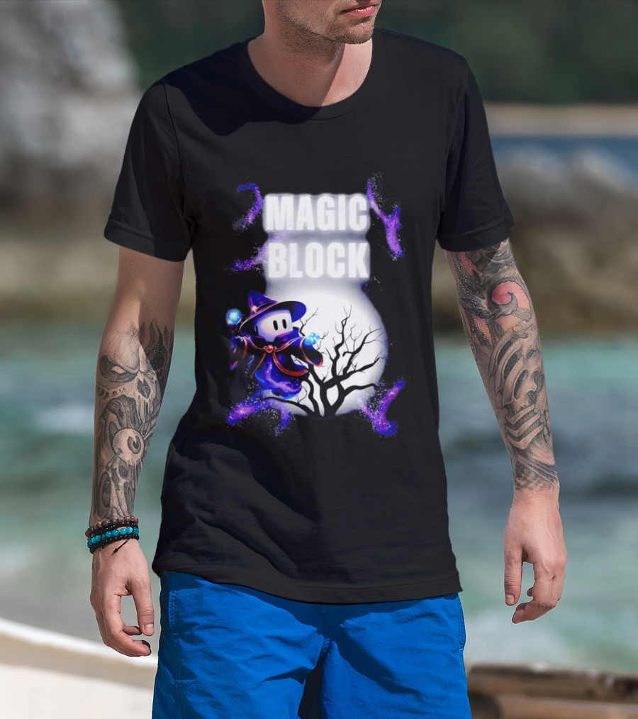 Magic Block Wizard With Glowing Orbs And Mystical Tree T-Shirt