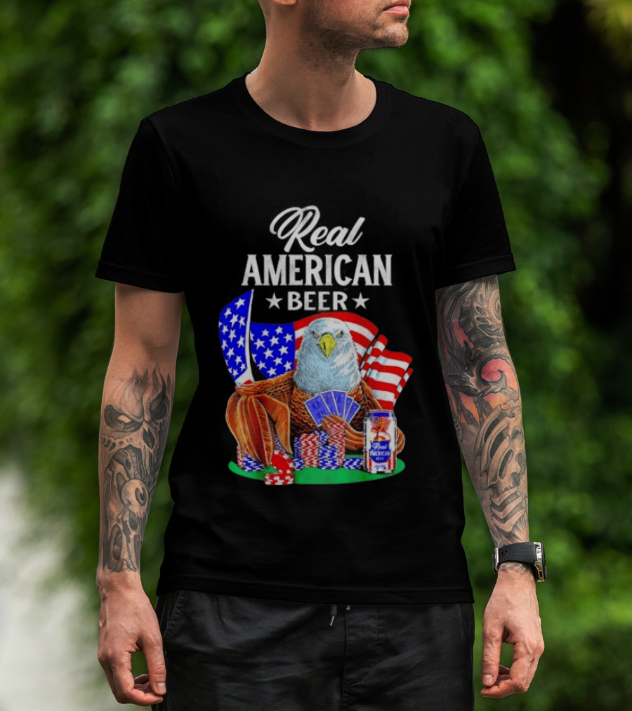 Real American Eagle Poker With Beer And Flag T-Shirt