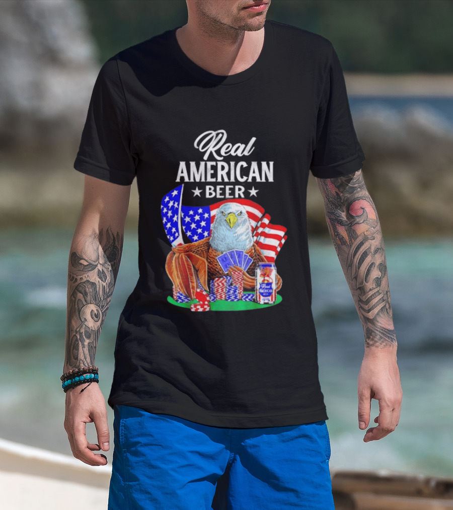 Real American Eagle Poker With Beer And Flag T-Shirt