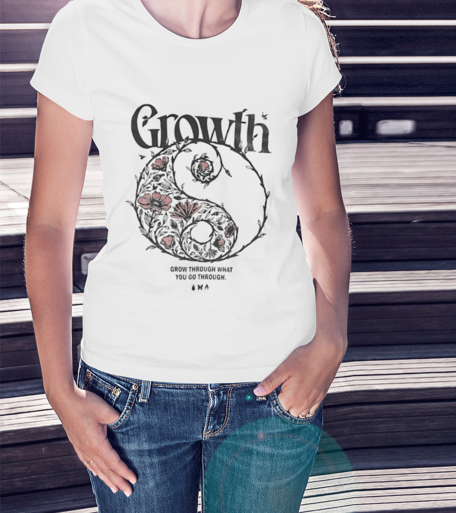 Growth Grow Through What You Go Through Red Floral Motif Circle T-Shirt