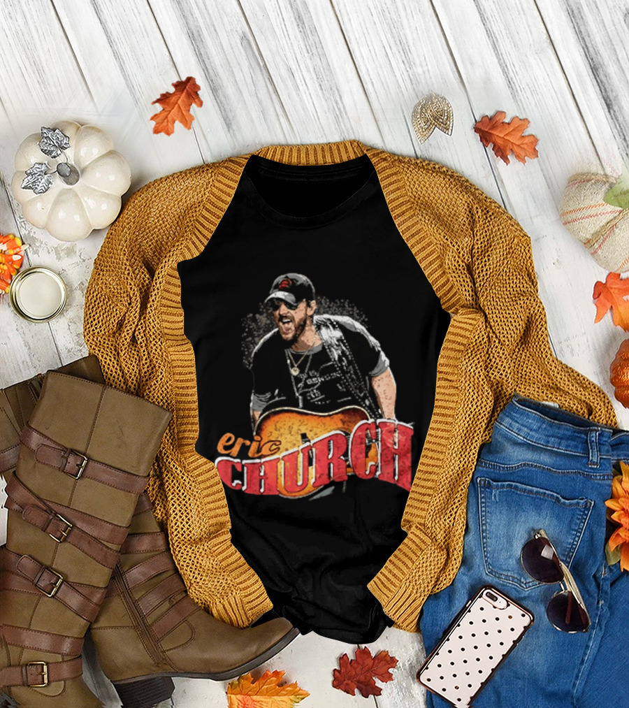 Eric Church Country Rock Music Icon with Guitar and Hat T-Shirt
