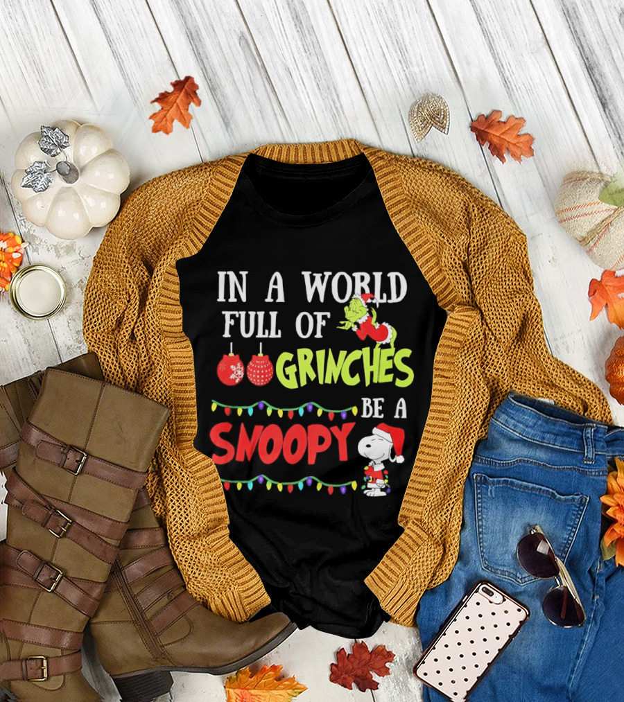 In a World Full of Grinches Be a Snoopy Holiday Lights Santa Suit T-Shirt