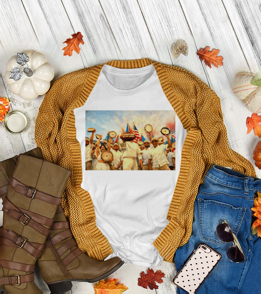 Together We Are America Tambourine Celebration with Flags and Diverse Group Unity T-Shirt