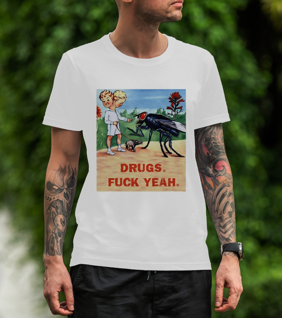 DRUGS FUCK YEAH Retro Cartoon Big Fly Tiny Elephant T-Shirt