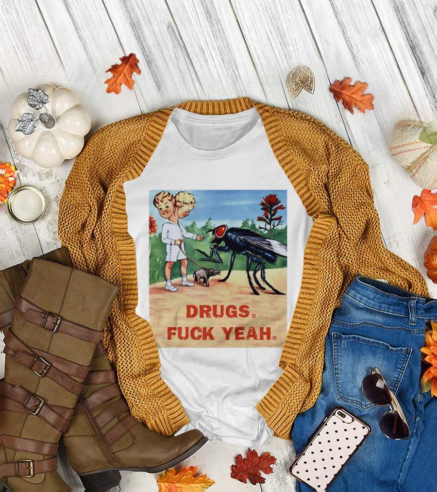 DRUGS FUCK YEAH Retro Cartoon Big Fly Tiny Elephant T-Shirt