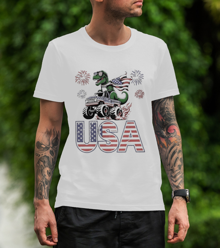 USA Independence Day 4th Of July Rex Monster Truck Fireworks American Flag T-Shirt