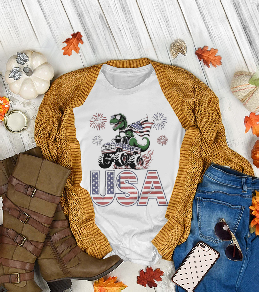 USA Independence Day 4th of July Rex Monster Truck Fireworks American Flag T-Shirt