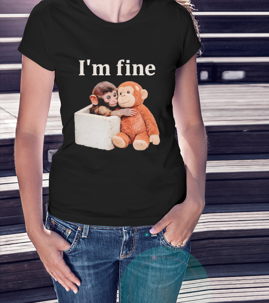 Sad Monkey Hugging Orange Toy With I'm Fine T-Shirt