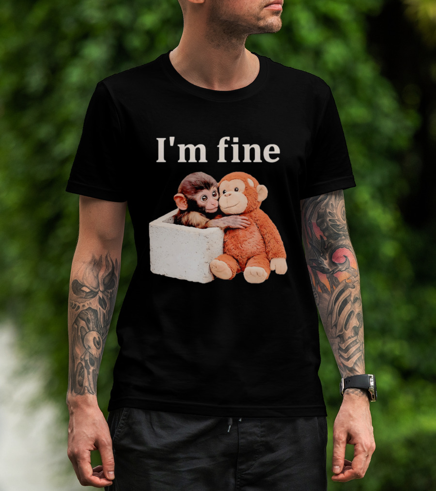 Sad Monkey Hugging Orange Toy With I'm Fine T-Shirt
