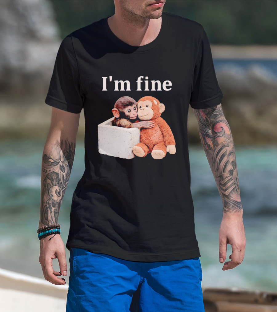 Sad Monkey Hugging Orange Toy With I'm Fine T-Shirt