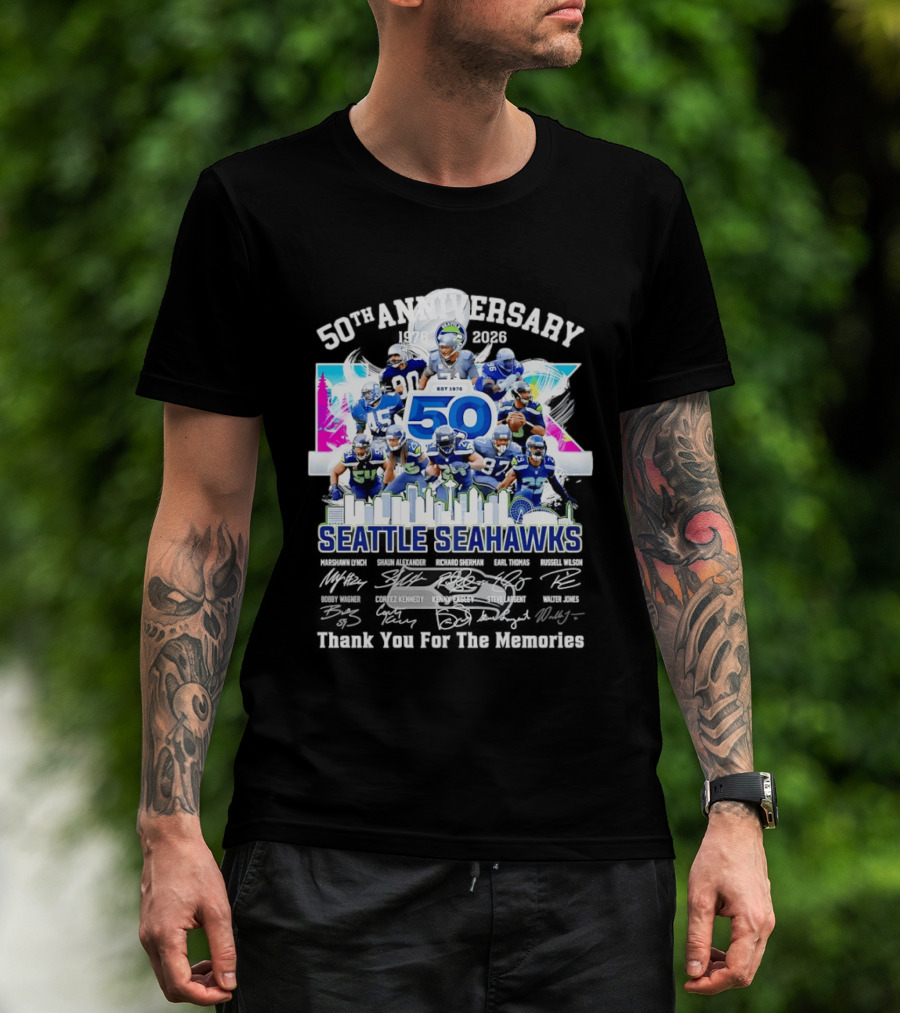 Seattle Seahawks 50th Anniversary Est 1976 Players City Skyline T-Shirt