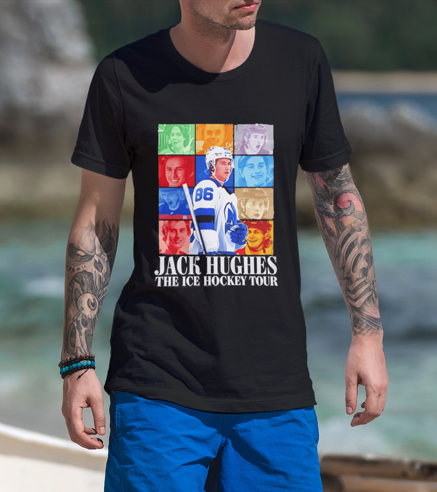Jack Hughes 86 The Ice Hockey Tour Colorful Portrait Compilation T-Shirt