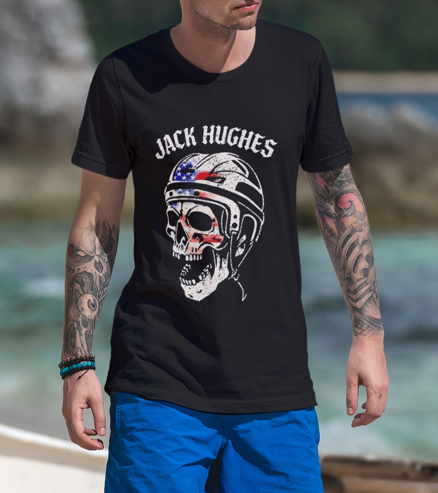 Jack Hughes USA Flag Skull Hockey Helmet T-Shirt