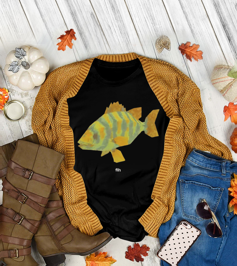 Low Poly Fish Yellow Green Striped Pixels T-Shirt