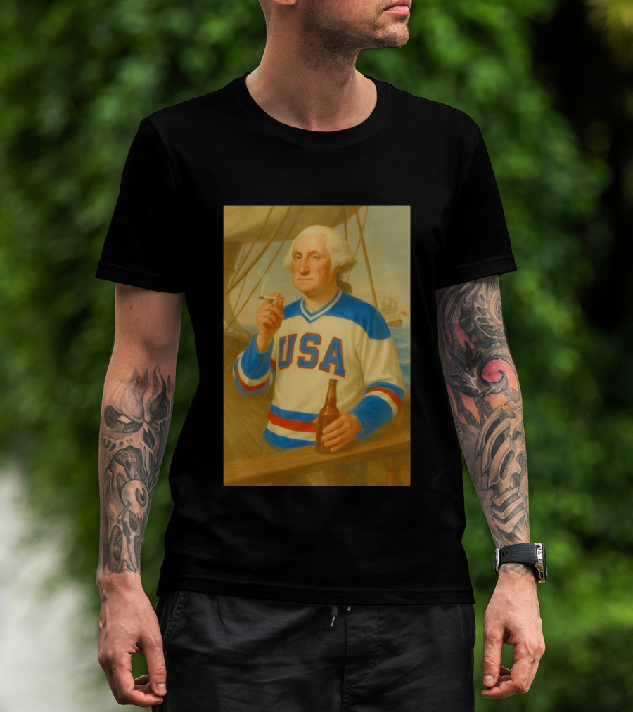 USA Hockey Jersey Wearing George Washington Smoking Holding Beer T-Shirt