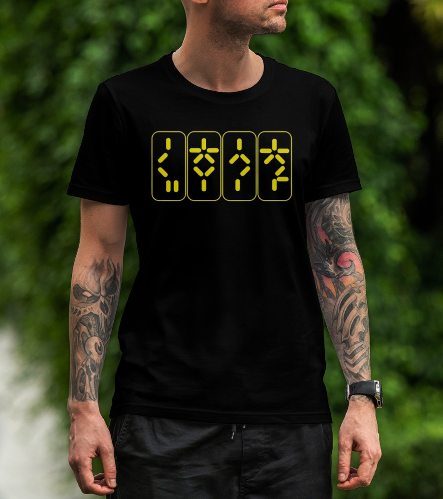 Synthetic Script Predator Geometric Yellow Glyphs T-Shirt