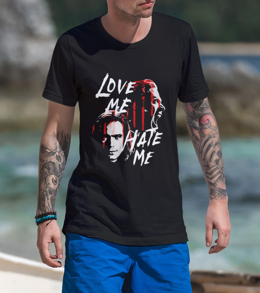 Love Me Hate Me White Text Red Brush Strokes Faces T-Shirt