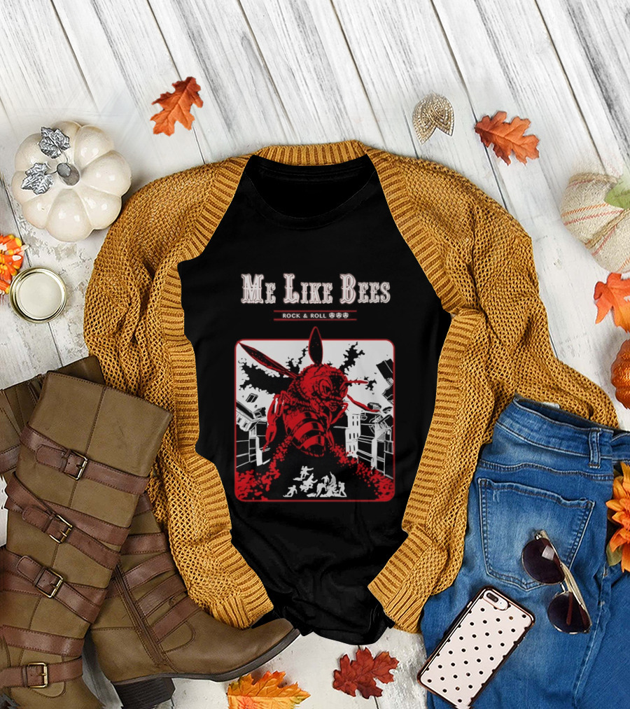 Me Like Bees Rock and Roll Urban Cartoon Style Destruction Scene T-Shirt