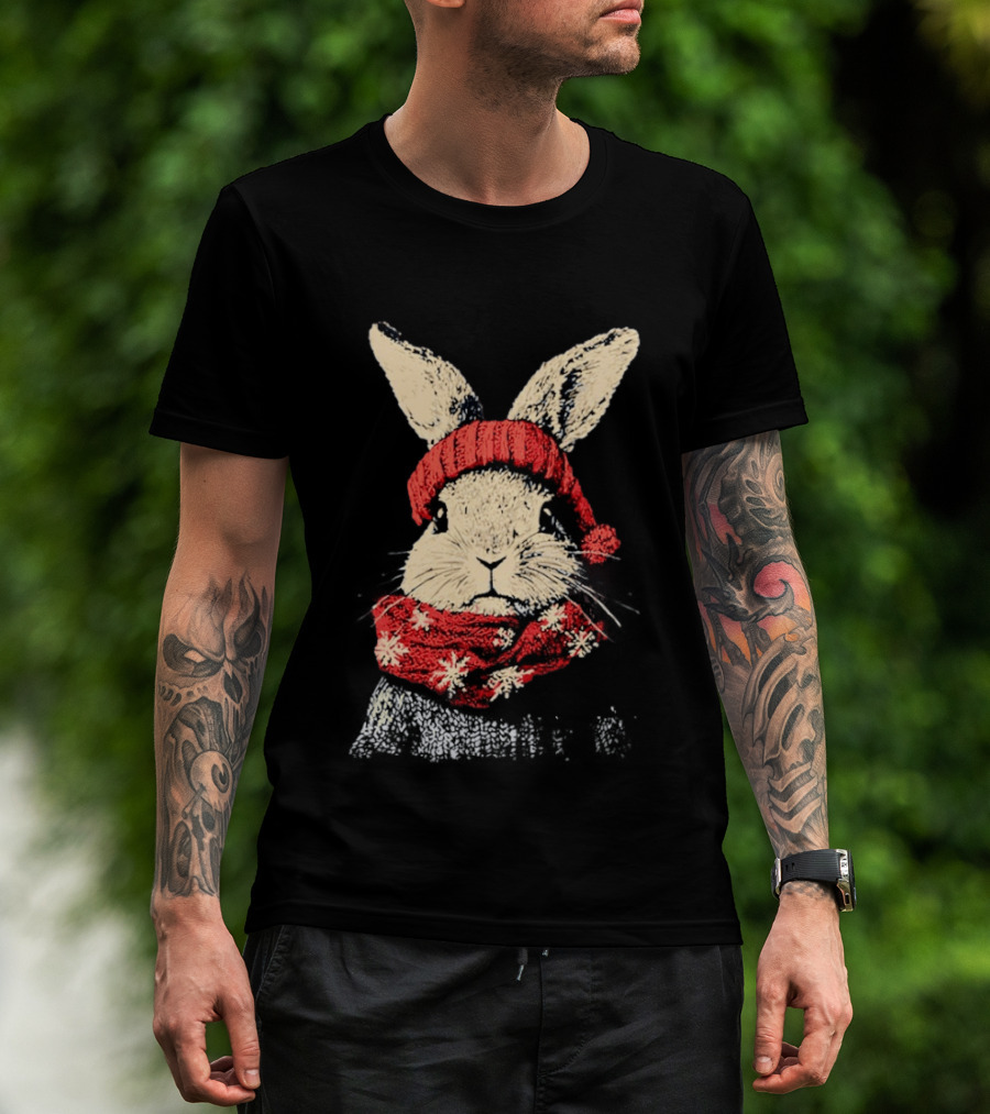 Bunny Rabbit In Red Knit Hat With Snowflake Scarf Winter T-Shirt