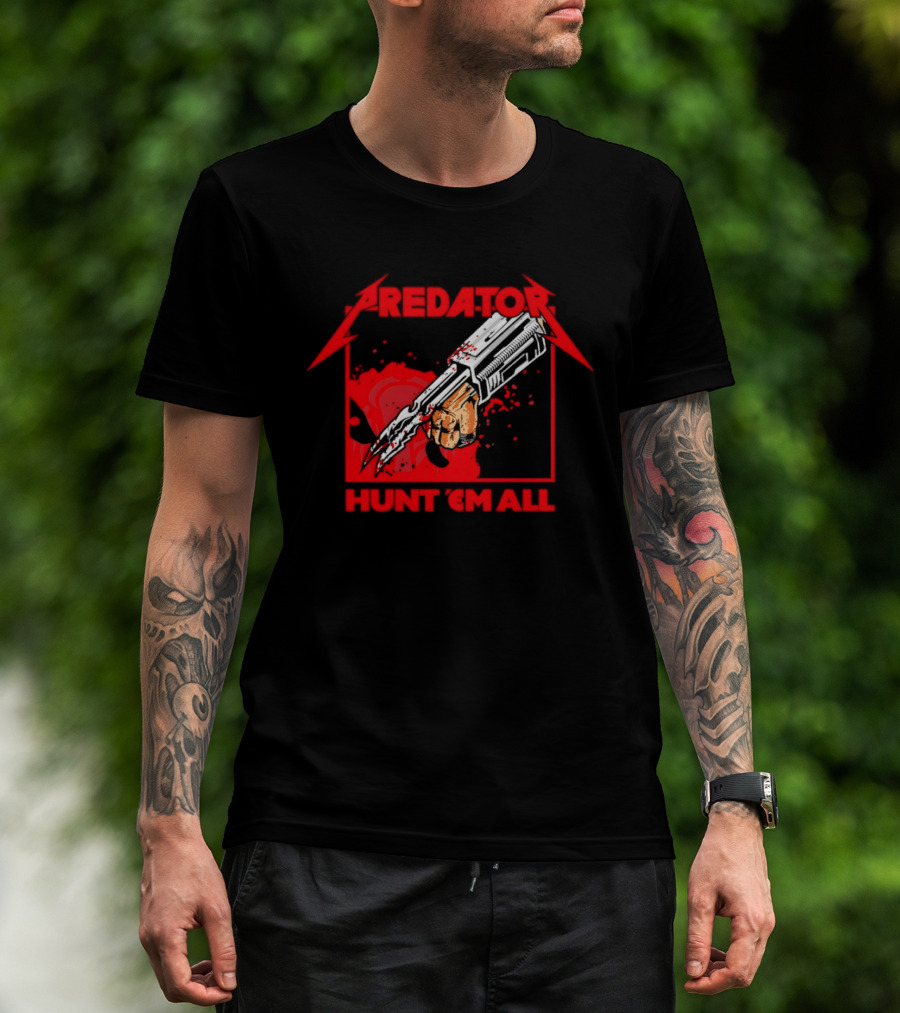 Hunt 'Em All With Iconic Predato Red Text And Weaponry T-Shirt