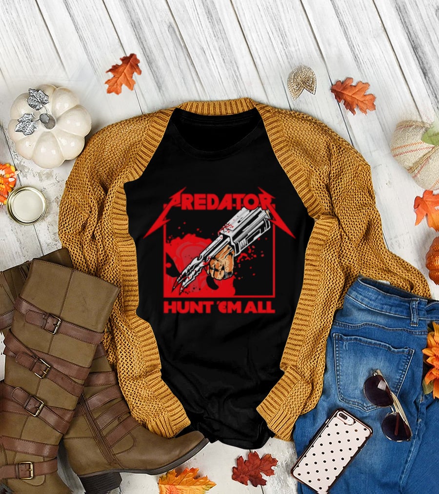 Hunt 'Em All with Iconic Predato Red Text and Weaponry T-Shirt