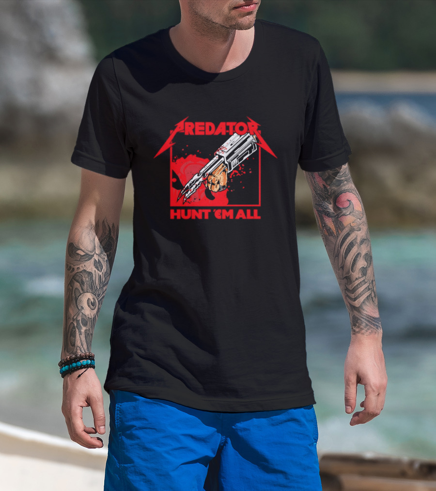 Hunt 'Em All With Iconic Predato Red Text And Weaponry T-Shirt