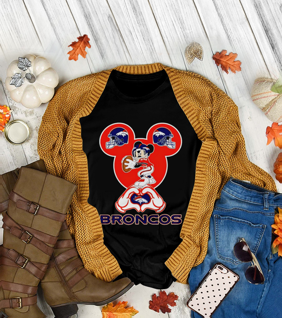 Denver Broncos Mickey Mouse Heart Hands Football Fan T-Shirt